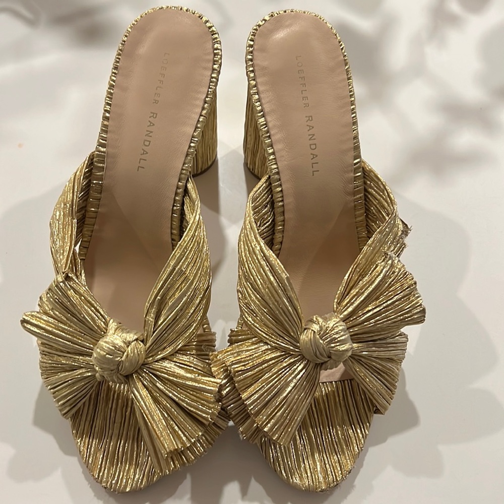 Loeffler Randall Penny Knot Pleated High Heel Slide Sandals mules heels 10 gold